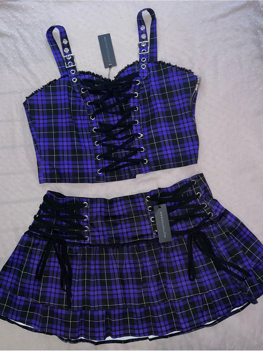 Dolls Kill Purple and Black Plaid Lace-Up Mini Skirt Set with Bonus Skirt
